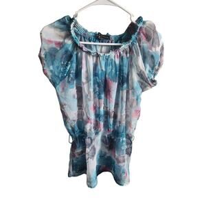 Gate Woman Sz M Watercolor Print Semi Sheer Blouse Short Sleeve Pastel